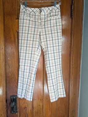 Anthropologie Cream Plaid Pants with Tan & Blue Accents
